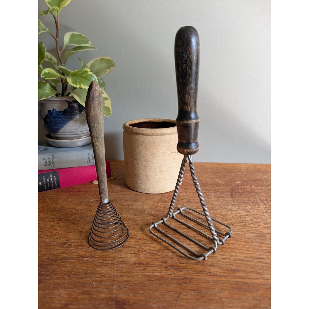 Vintage Primitive Wire Whisk and Potato Masher Set Rustic Wood Kitchen Tools